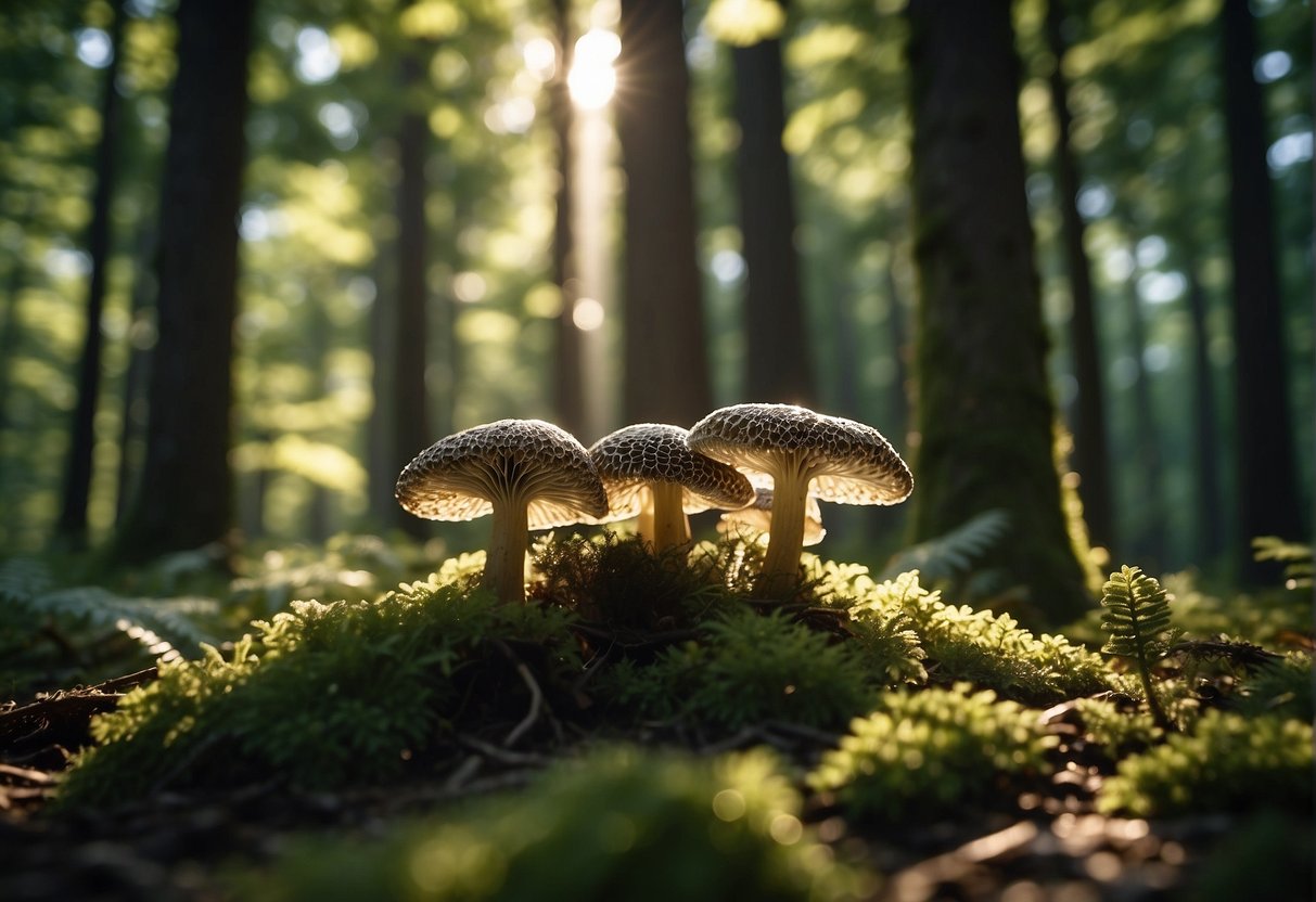 Sunlight filters through dense forest canopy, illuminating the forest floor. Lush green foliage surrounds towering trees, creating the perfect environment for morel mushrooms to thrive