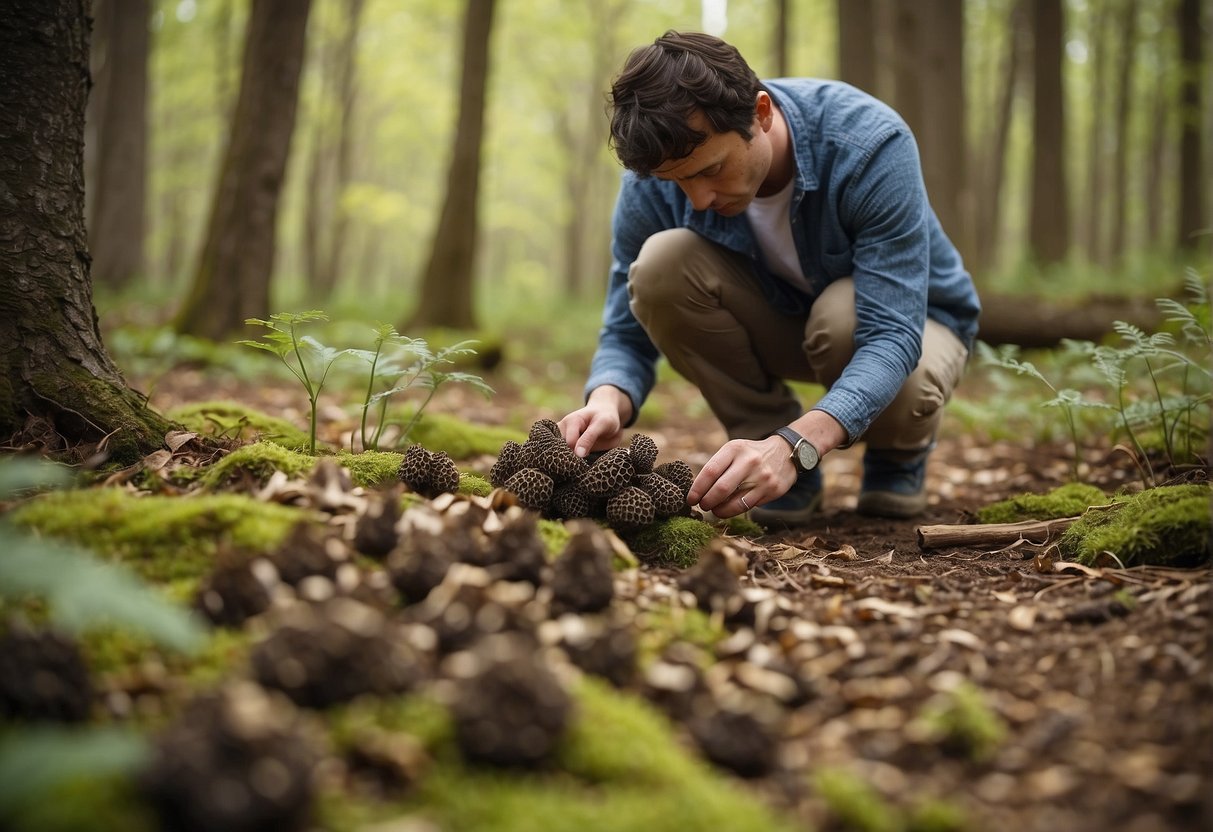 A person searches under trees for morel mushrooms