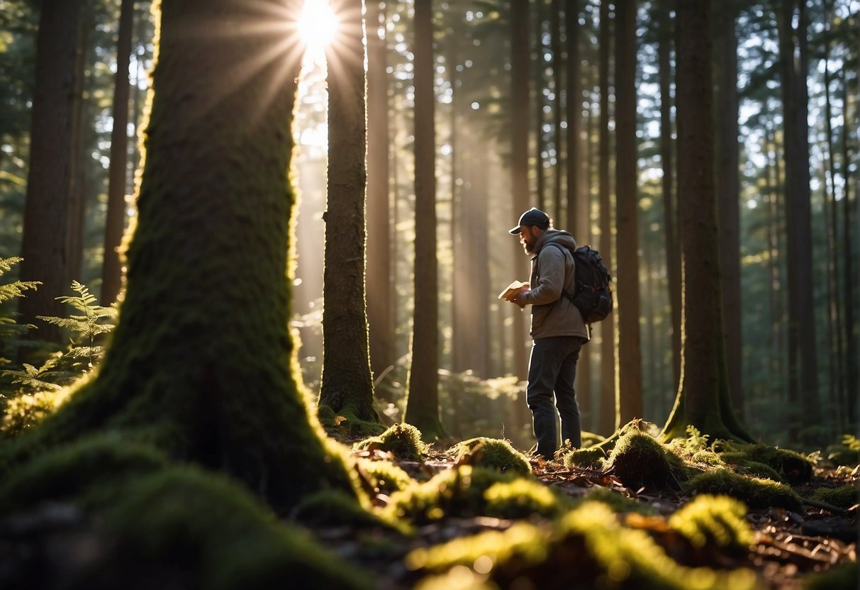 Sunlight filters through the dense forest canopy as a figure carefully searches among the trees for morel mushrooms, carefully harvesting the prized fungi from the forest floor