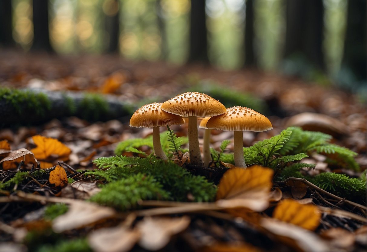 Vibrant fall mushrooms sprout from the forest floor, surrounded by fallen leaves and dappled sunlight