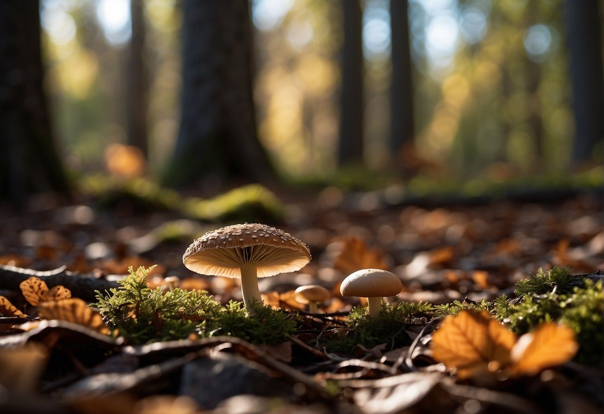 Mushrooms scattered on forest floor, surrounded by fallen leaves and twigs. Sunlight filters through the trees, casting dappled shadows