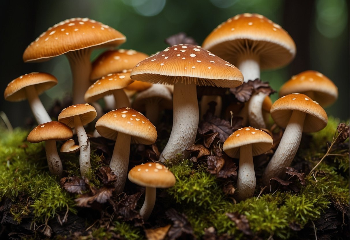 A variety of mushrooms arranged in a chart, with different shapes, sizes, and colors displayed in an organized manner