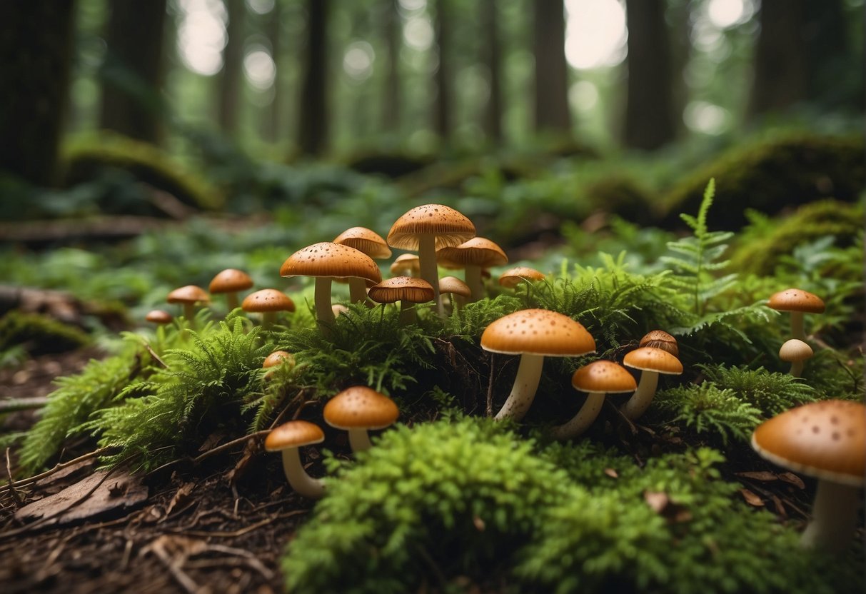 A lush forest floor with various types of mushrooms, surrounded by trees and wildlife