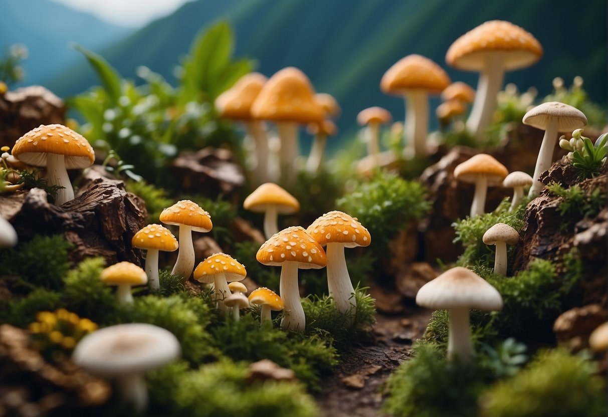 A bustling mushroom village with diverse species interacting and trading goods, surrounded by lush vegetation and vibrant colors