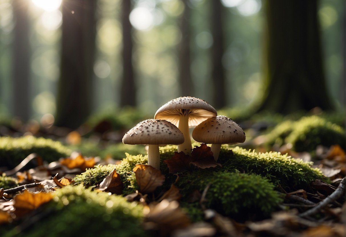 Mushrooms being plucked from the forest floor, nestled amongst fallen leaves and moss, with dappled sunlight filtering through the trees