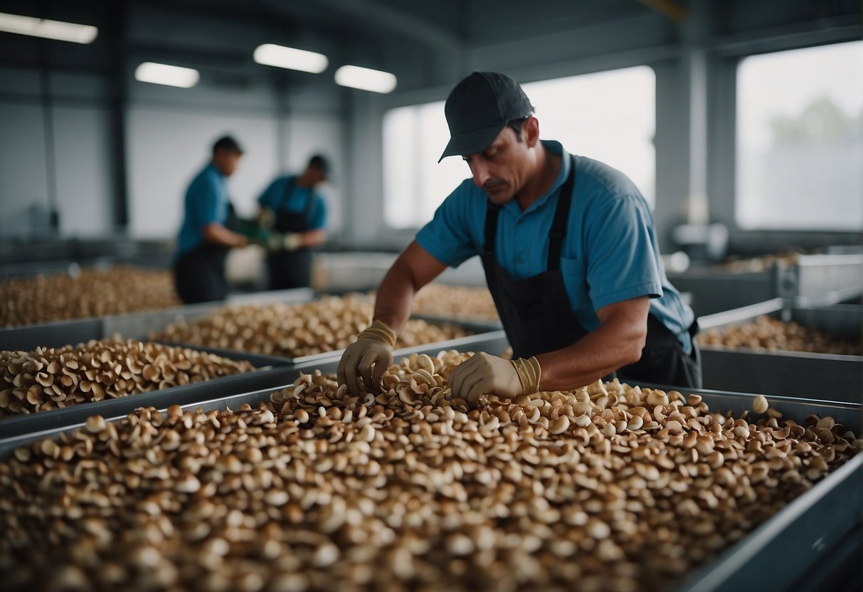 Mushrooms being sorted, cleaned, and packaged after harvest. Machinery and workers busy processing the freshly picked mushrooms