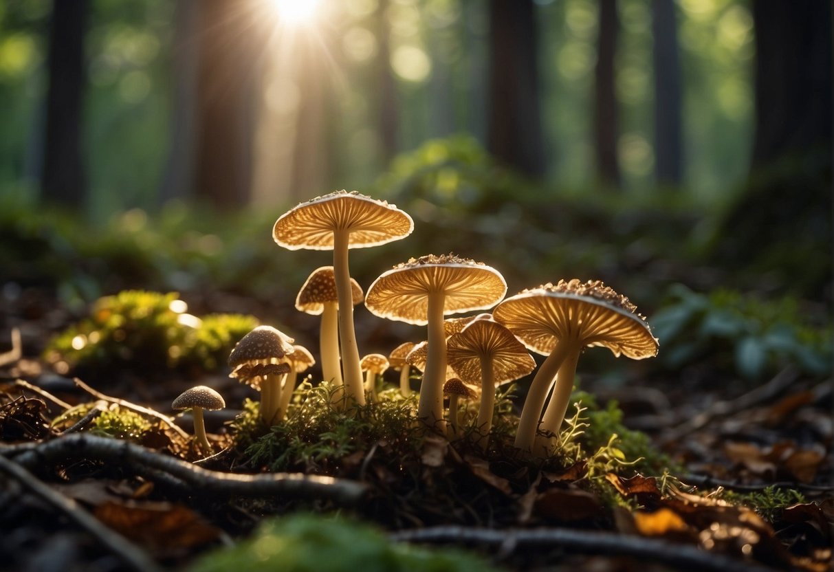 Sunlight filters through the dense forest canopy, illuminating the damp earth where morel mushrooms sprout from the decaying leaves and fallen branches