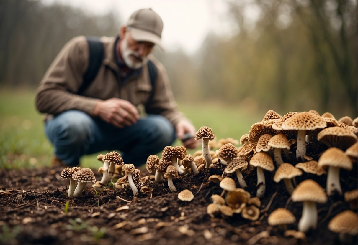 A farmer inspects a patch of morel mushrooms, noting pests and mold. He adjusts growing conditions to optimize yield