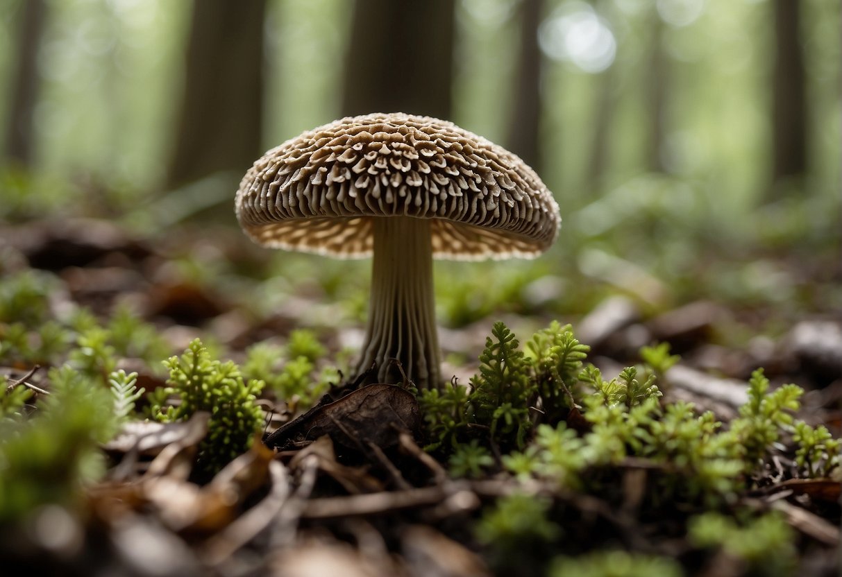 Morel mushrooms sprout from damp forest floor, their intricate caps unfurling in the dappled sunlight