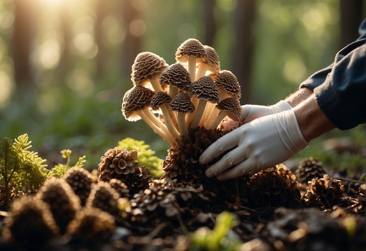 A gloved hand gently tending to a cluster of morel mushrooms, surrounded by moist soil and dappled sunlight