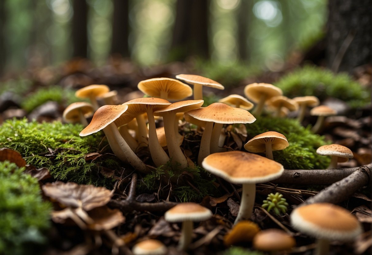 A forest floor covered in various types of wild mushrooms of different shapes, sizes, and colors, surrounded by fallen leaves and dappled sunlight