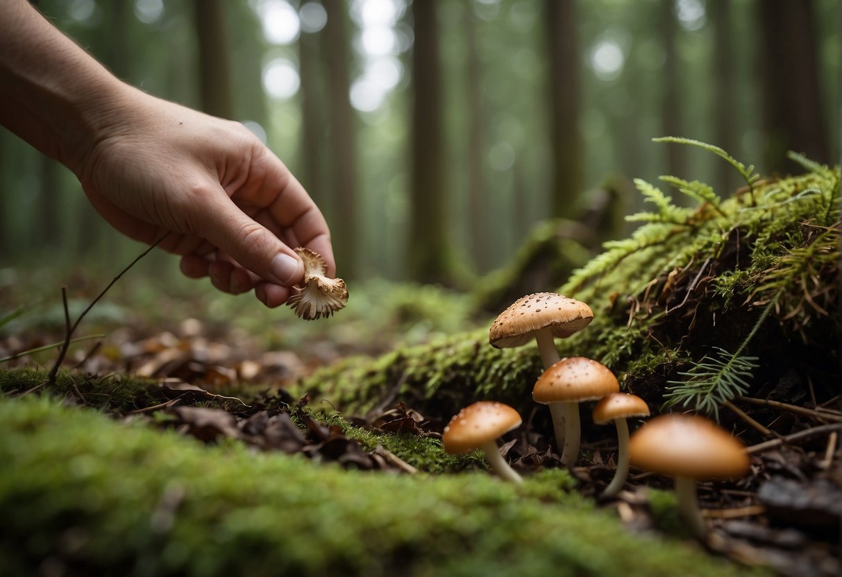 A hand reaches out to pluck a wild mushroom from the forest floor, while a guidebook on identifying edible and poisonous mushrooms lies open nearby
