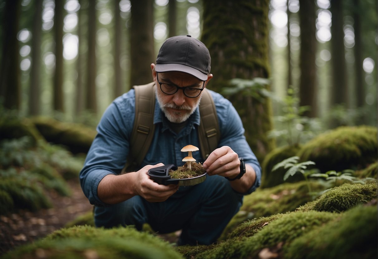 An expert examines various wild mushrooms in a forest, using a field guide and magnifying glass for identification