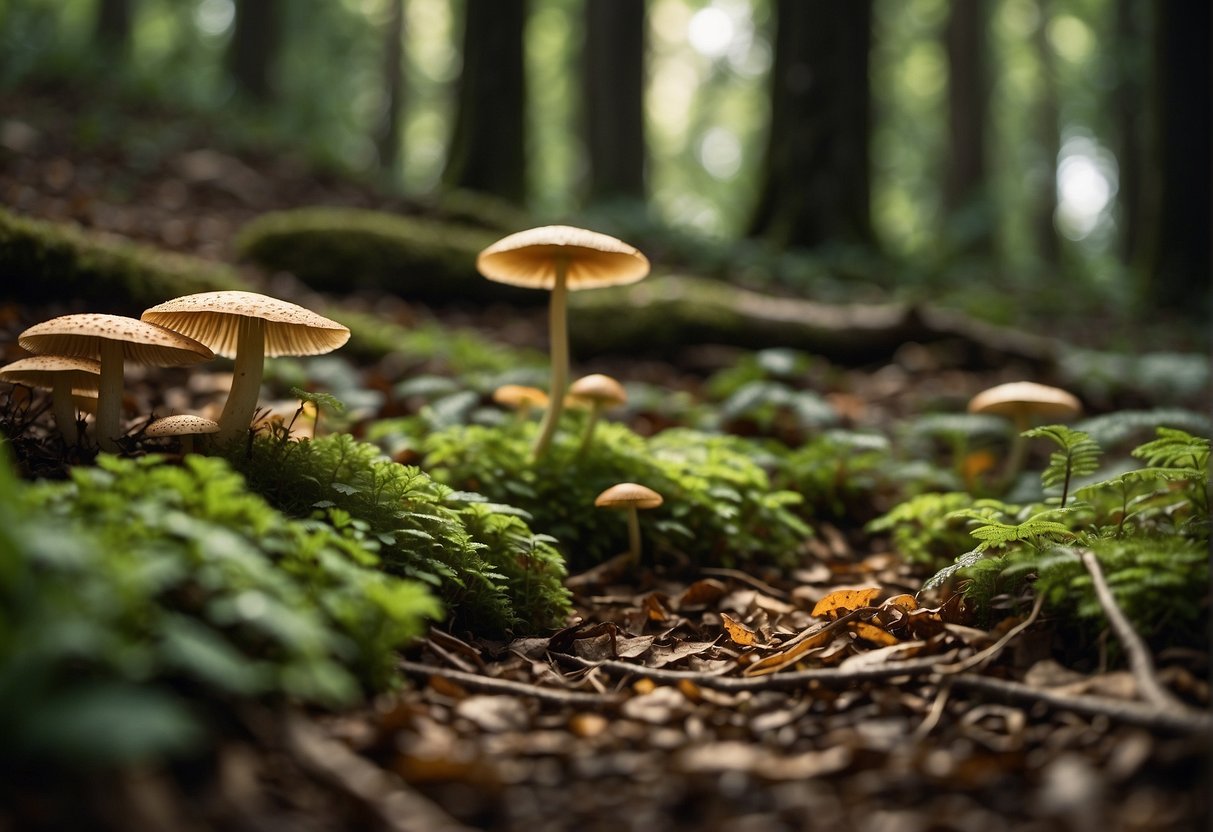 Lush forest floor, fallen leaves, and damp soil. Various types of wild mushrooms in different shapes, sizes, and colors scattered around. Sunlight filtering through the canopy, casting dappled shadows