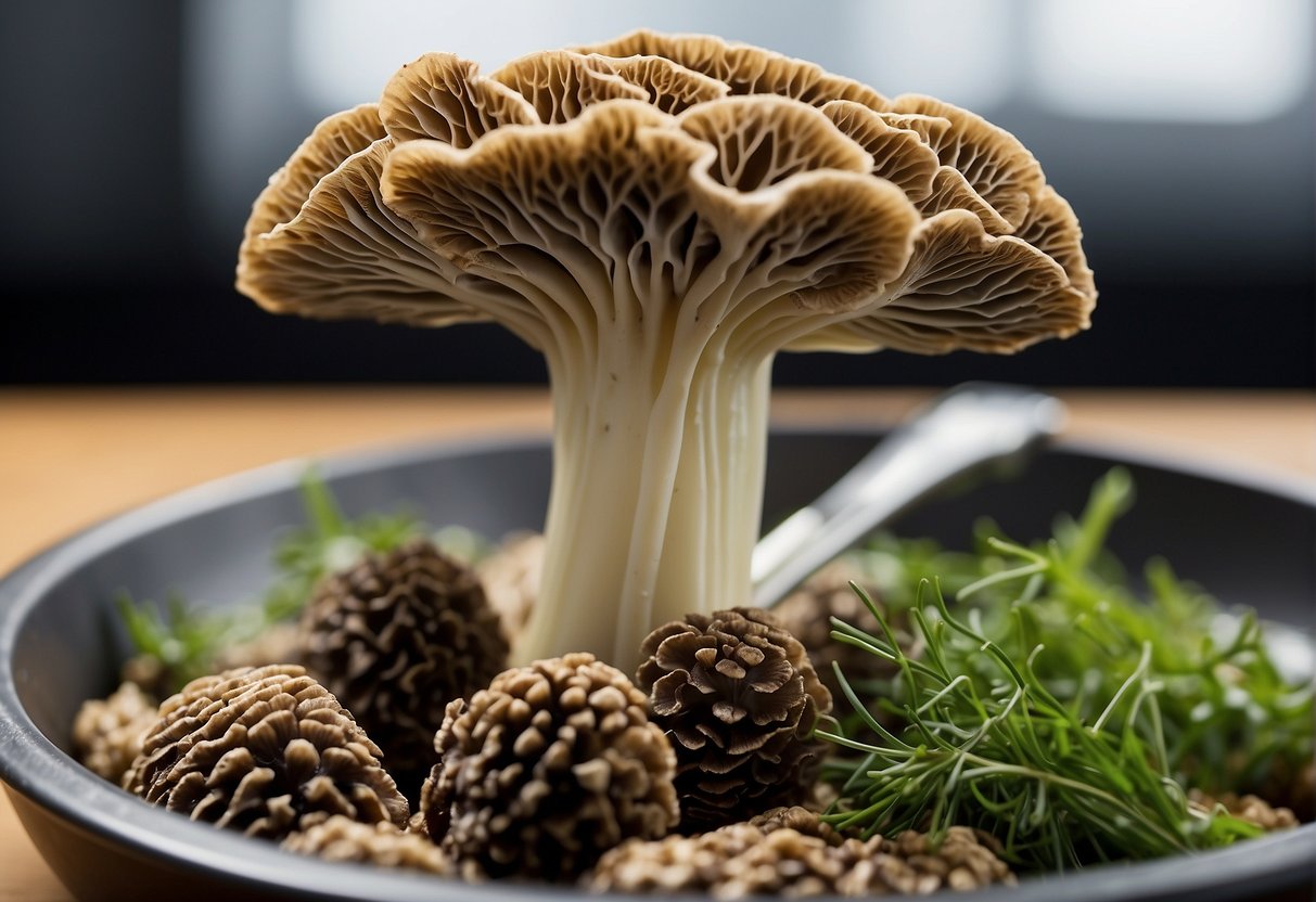 Morel mushrooms are carefully cleaned and trimmed, then placed in a skillet with butter and herbs, sizzling over a low flame