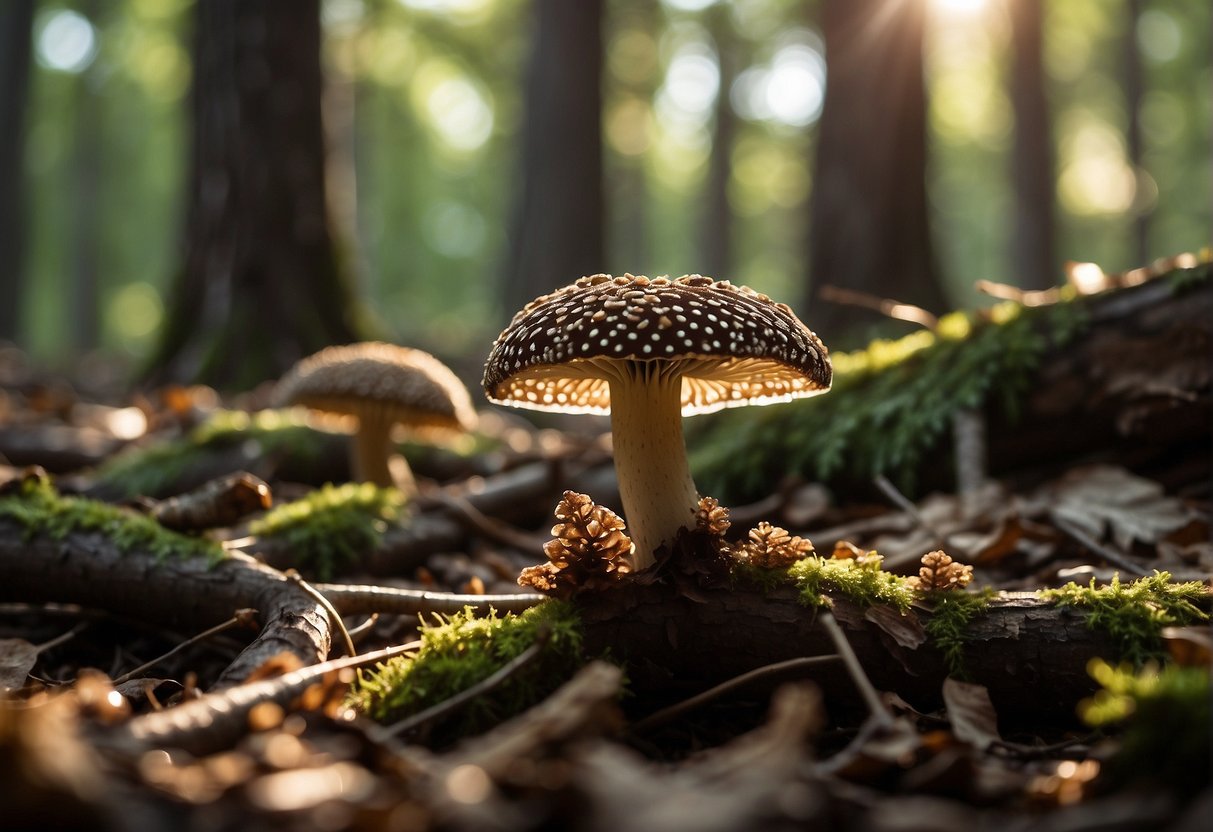 Sunlight filters through dense forest, illuminating a patch of earth. Morel mushrooms poke through the leaf litter, nestled among fallen branches and decaying logs