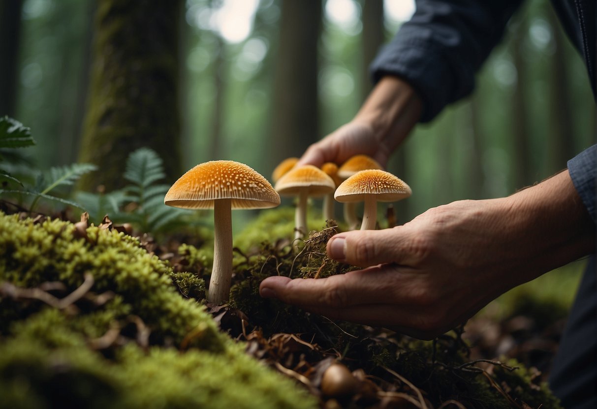 Mushrooms being carefully picked in a forest, with a focus on respecting nature and following regulations