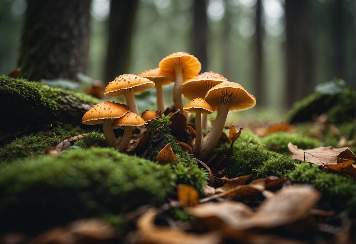 A variety of wild mushrooms, including chanterelles and morels, grow among fallen leaves and moss in a dense forest clearing