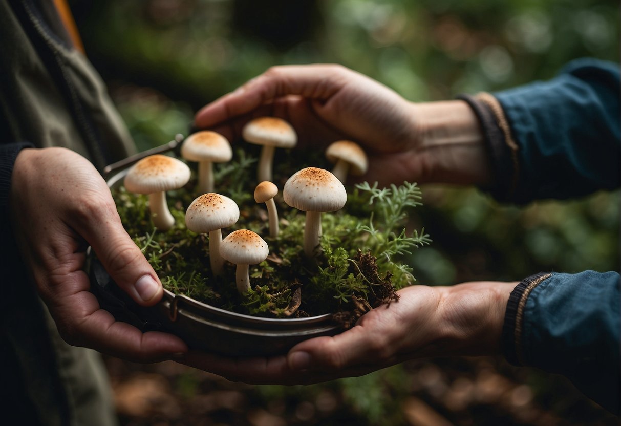 Mushroom forager gathers wild edibles, wearing gloves and using a guidebook