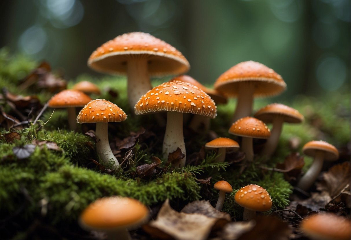 Lush forest floor with diverse mushrooms, varying in size and color, nestled among fallen leaves and moss. Some are edible, adding to the rich ecosystem