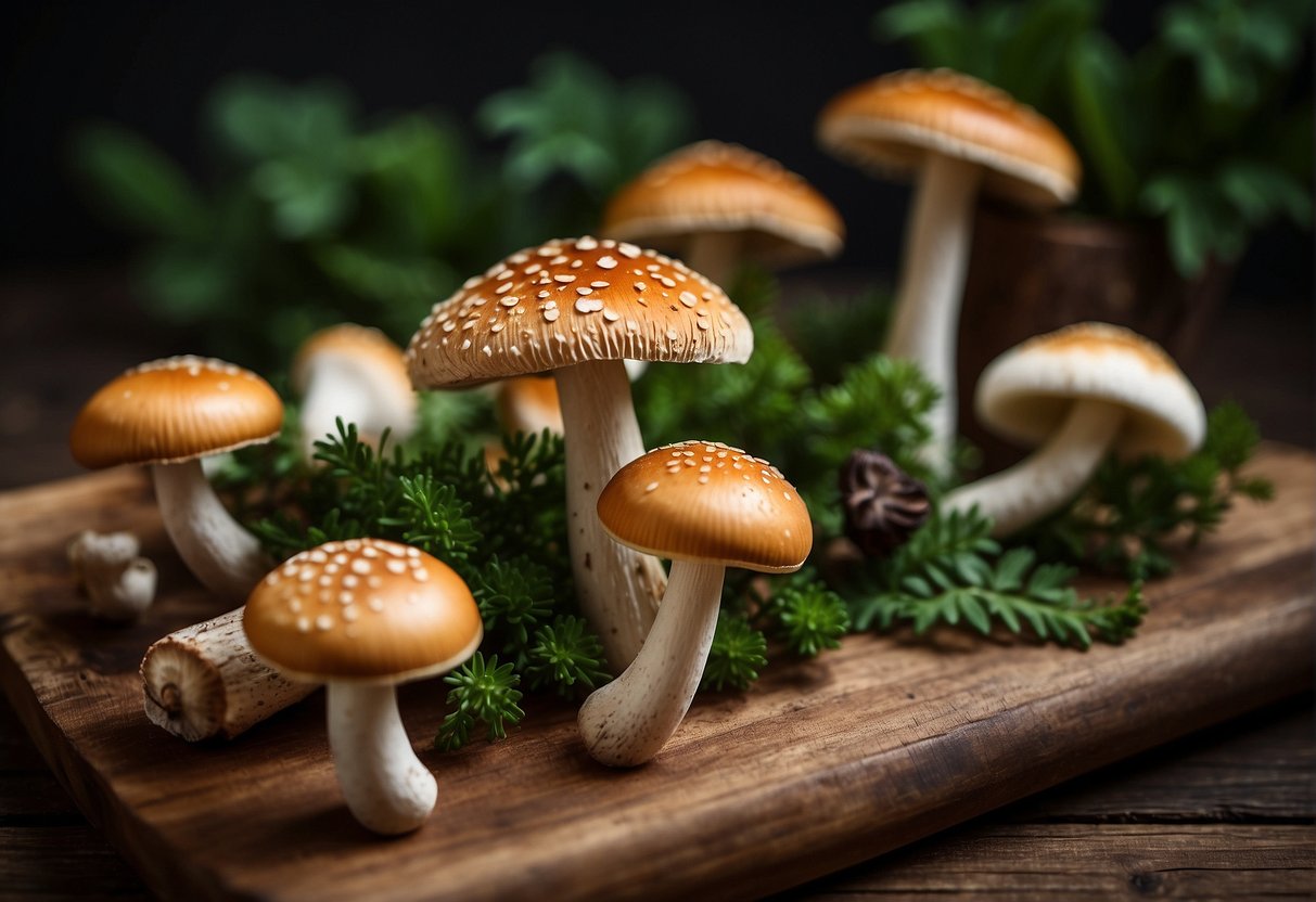 Luscious culinary mushrooms arranged on a rustic wooden cutting board