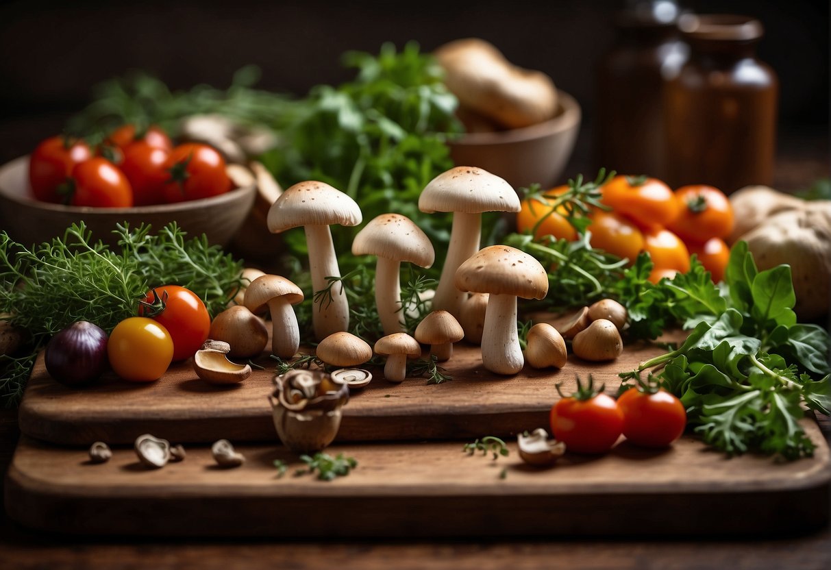 A variety of culinary mushrooms arranged on a wooden cutting board, surrounded by fresh herbs and vibrant vegetables