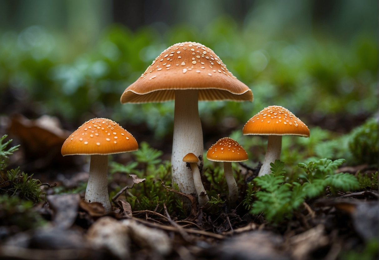 A variety of edible mushrooms sprout from the forest floor, their caps and stems displaying an array of colors and textures