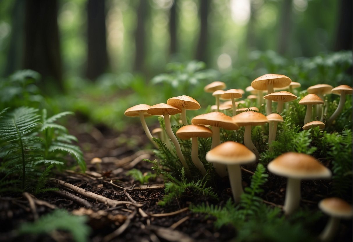 Lush forest floor with rows of cultivated mushrooms, surrounded by diverse plant life