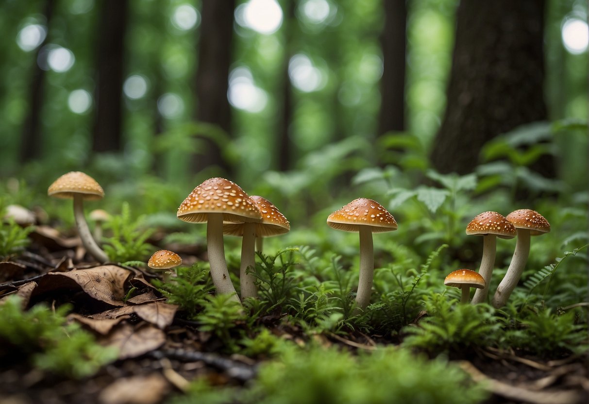 Lush green forest floor with various types of mushrooms in Indiana