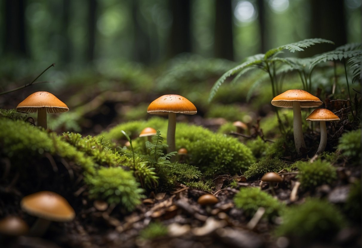 Lush forest floor with various types of mushrooms, some vibrant and inviting, others dark and ominous