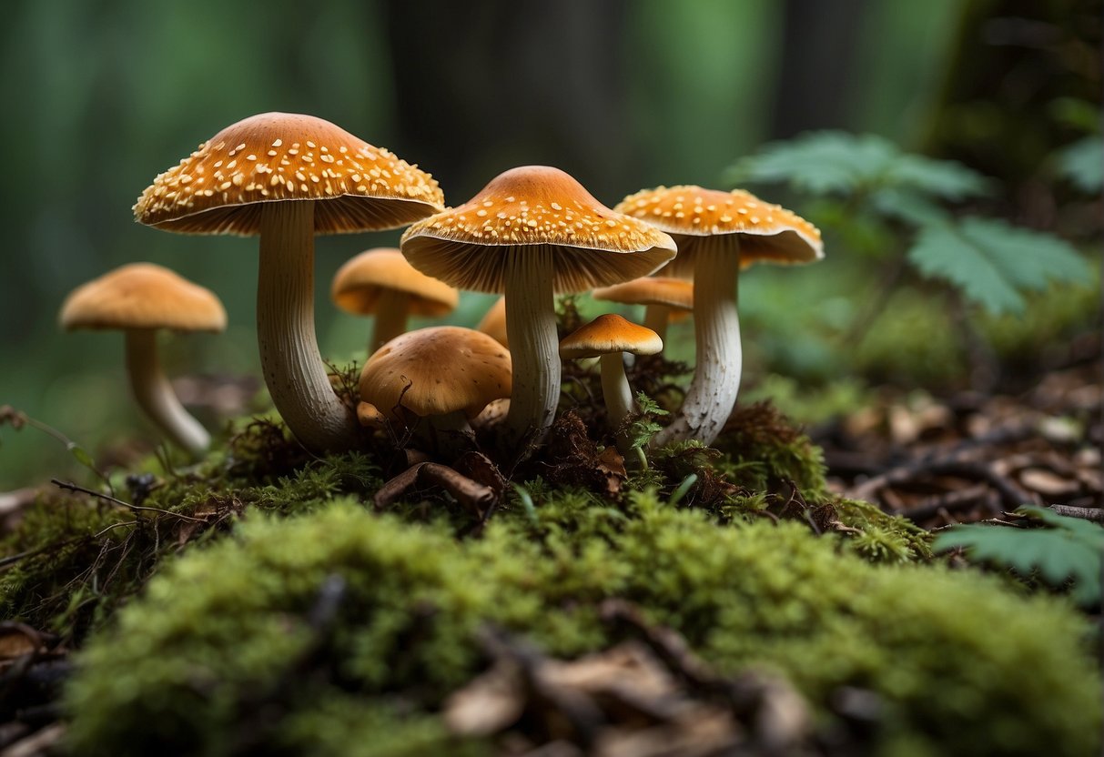 A variety of edible mushrooms, such as chanterelles and morels, are scattered across the forest floor, surrounded by lush green foliage