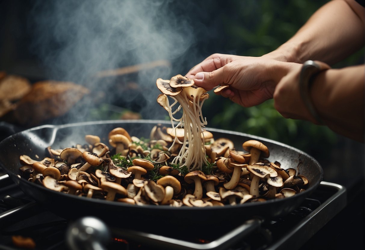 Wild mushrooms being carefully cleaned and sliced, then sautéed in a pan with herbs and garlic