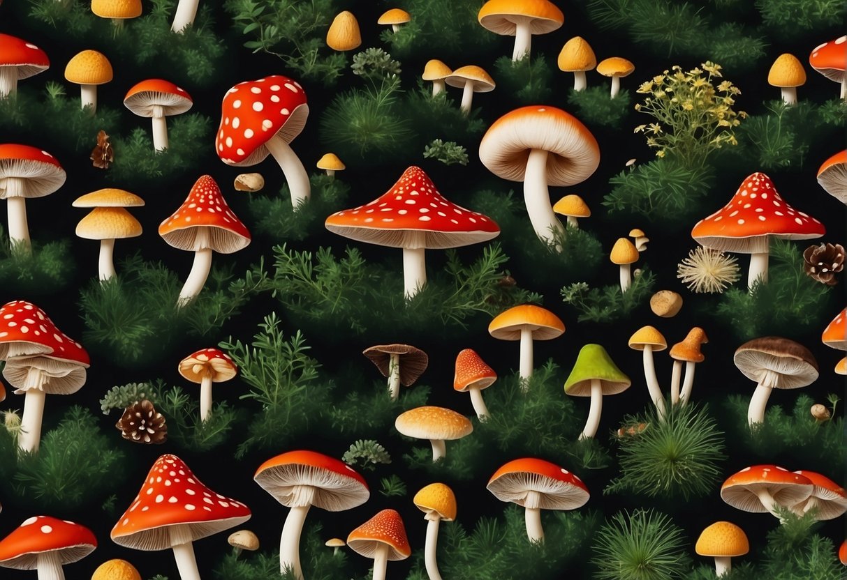 A variety of poisonous mushrooms are surrounded by a red circle with a line through it, while a selection of safe, edible mushrooms are highlighted with a green checkmark