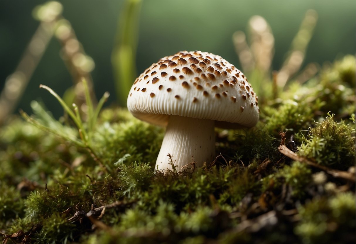 A plump, white mushroom with brown spots sits on a bed of green moss, ready to be plucked and eaten