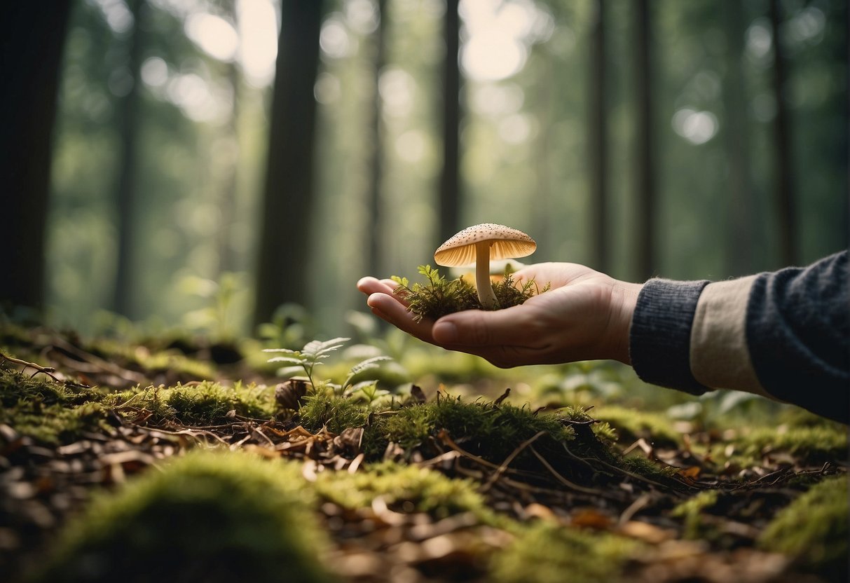 A hand reaching down to pick wild mushrooms in a forest clearing