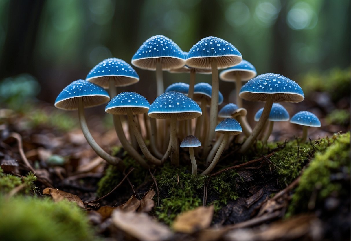 A cluster of psilocybin mushrooms grows in a damp, shaded forest. The mushrooms have slender stems and distinctive caps, with varying shades of brown and blue