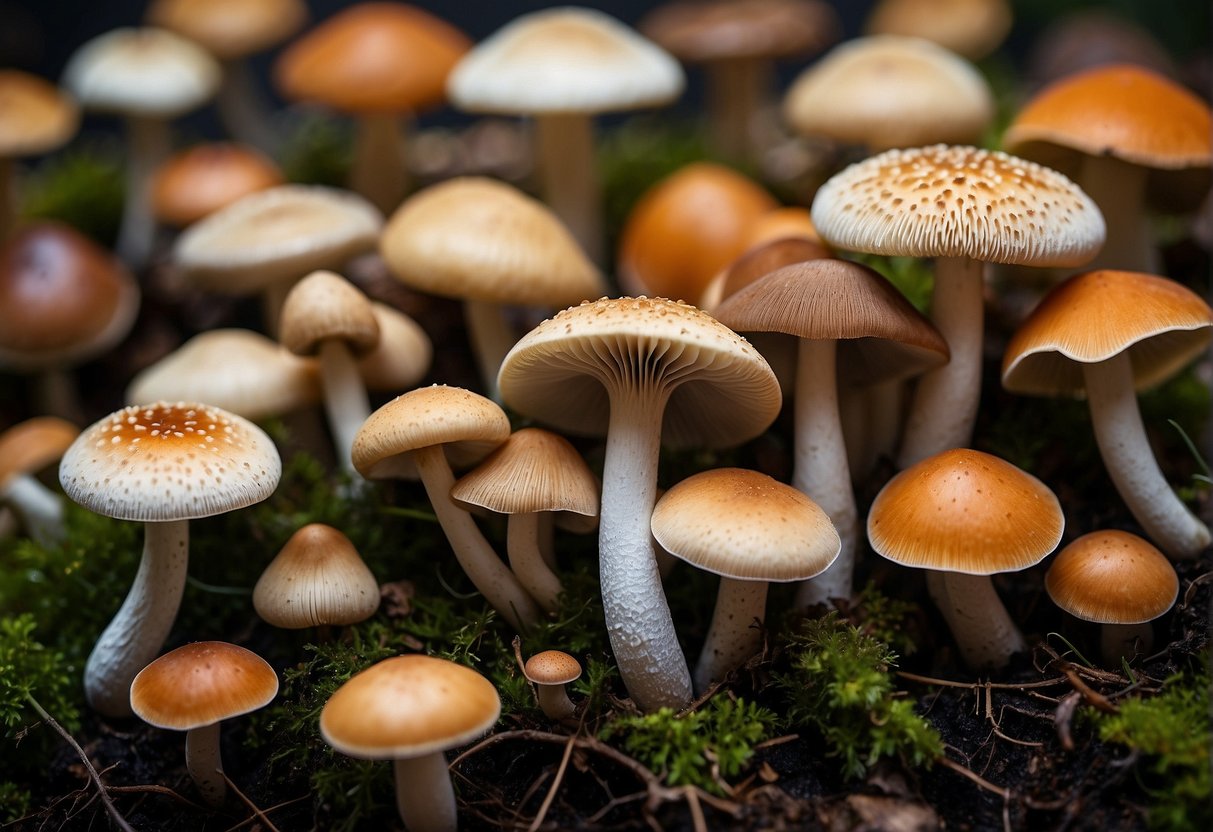 A variety of mushrooms arranged in a grid with their names and characteristics listed next to each one