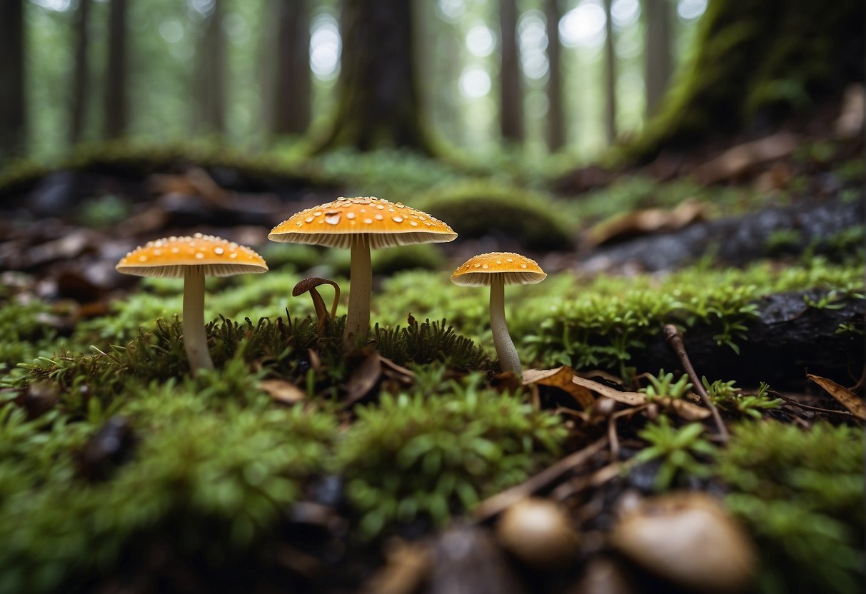 Lush forest floor in Oregon, with various types of edible mushrooms sprouting from the damp earth, surrounded by fallen leaves and dappled sunlight