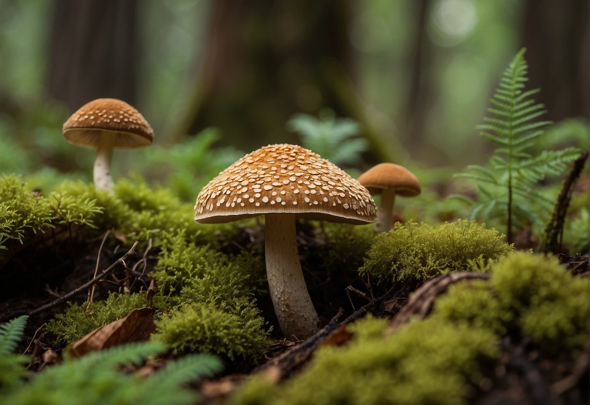 Lush forest floor with diverse mushrooms in Oregon, showcasing their various shapes, sizes, and colors