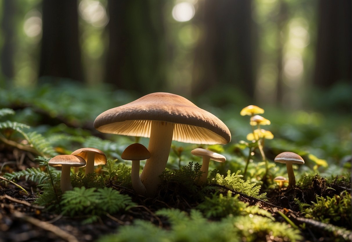 Lush forest floor with various edible mushrooms growing in Oregon. Sunlight filters through the canopy, highlighting the sustainable bounty