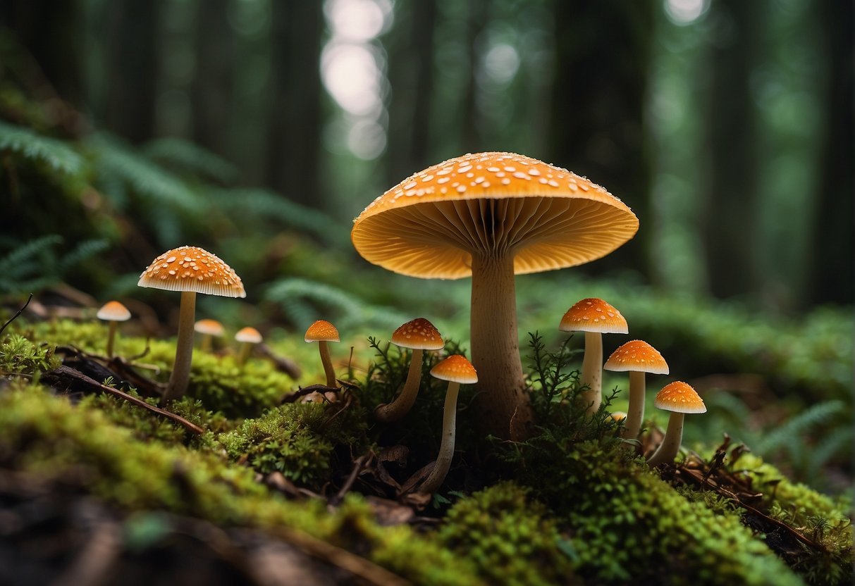 Lush Oregon forest floor with a variety of edible mushrooms in different shapes, sizes, and colors