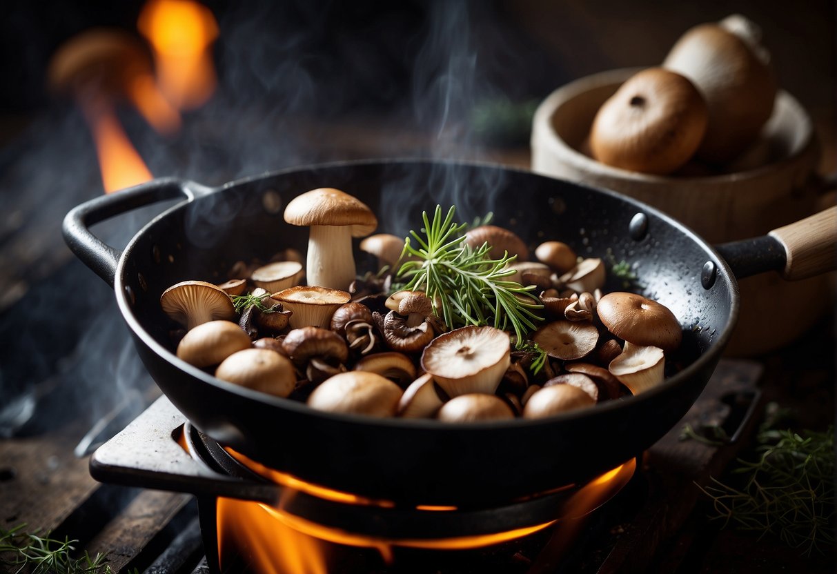 Mushrooms being cleaned, sliced, and cooked in a skillet over a flame, with various herbs and spices nearby