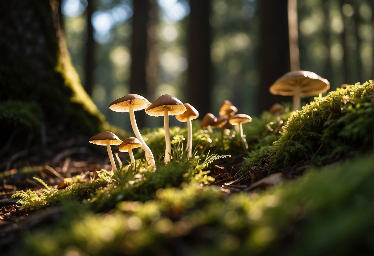 Lush forest floor in Oregon, dotted with various edible mushrooms of different shapes and sizes. Sunlight filters through the canopy, casting dappled shadows on the earthy ground