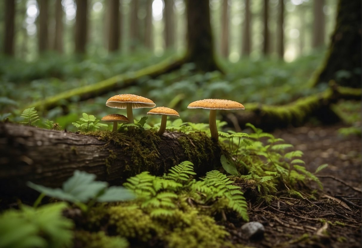 Lush forest floor with diverse plant life, fallen logs, and decaying matter. Various types of edible mushrooms growing in clusters, adding to the rich biodiversity of Oregon ecosystems