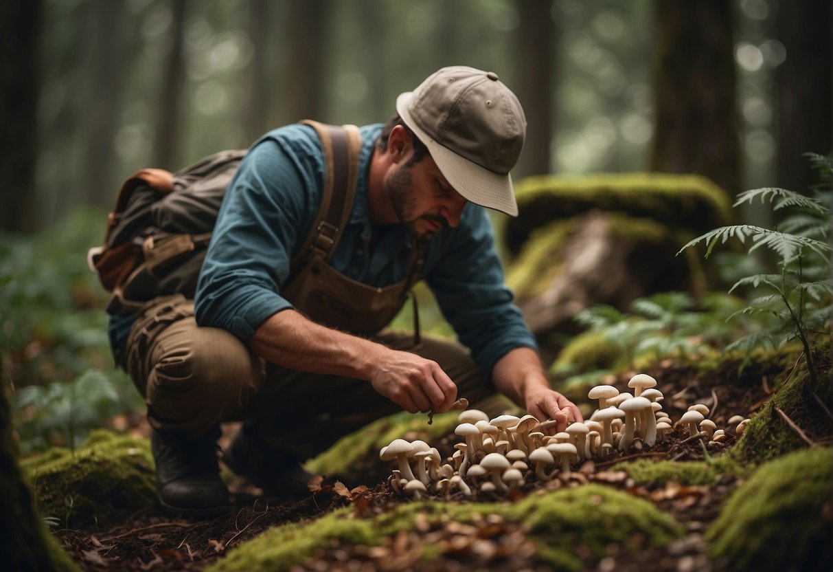 A forager collects wild mushrooms in an Oregon forest. They carefully clean and prepare the mushrooms in a rustic kitchen