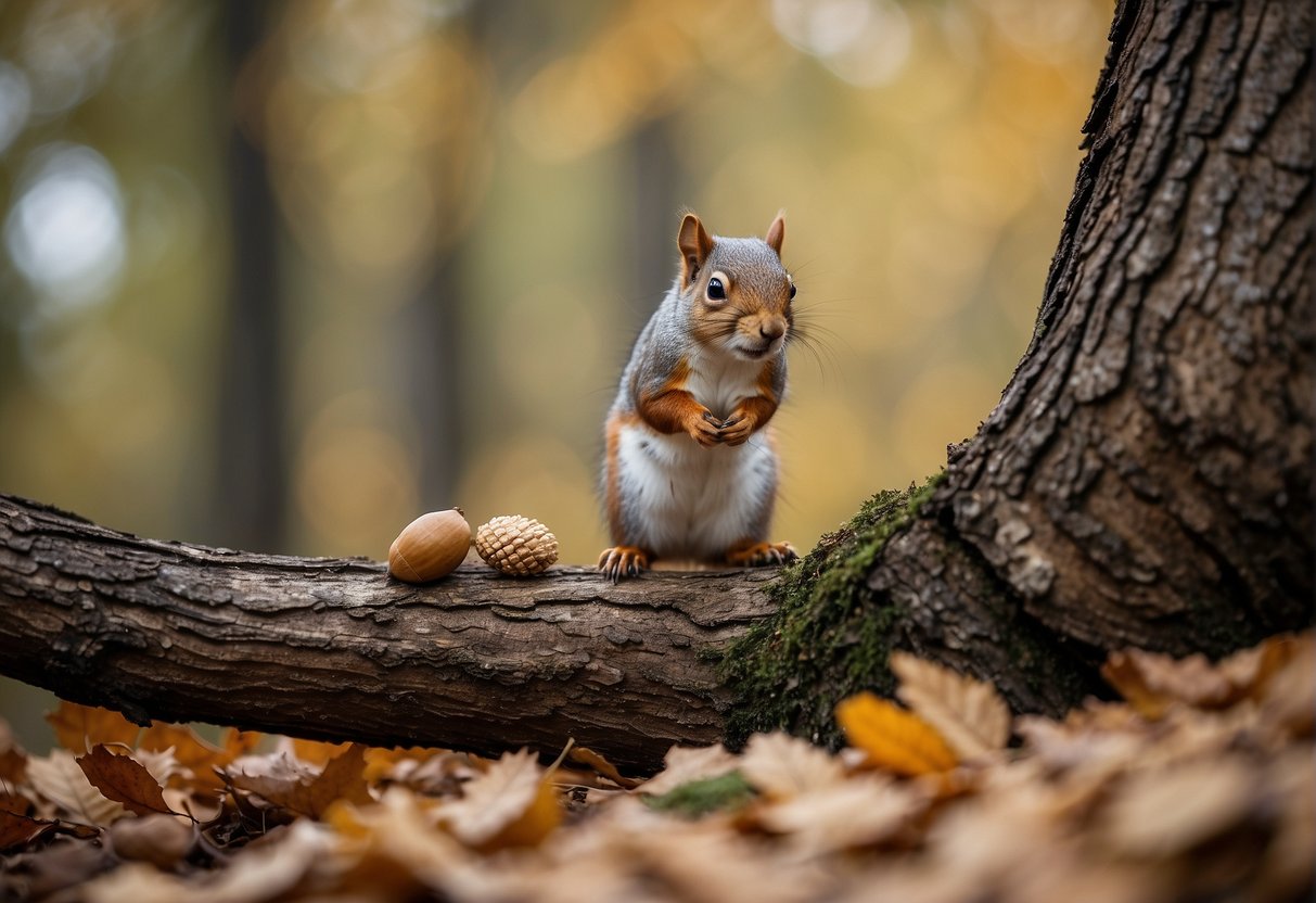 A squirrel perched on a tree branch, surrounded by fallen leaves and acorns, with a clear view of the ground below