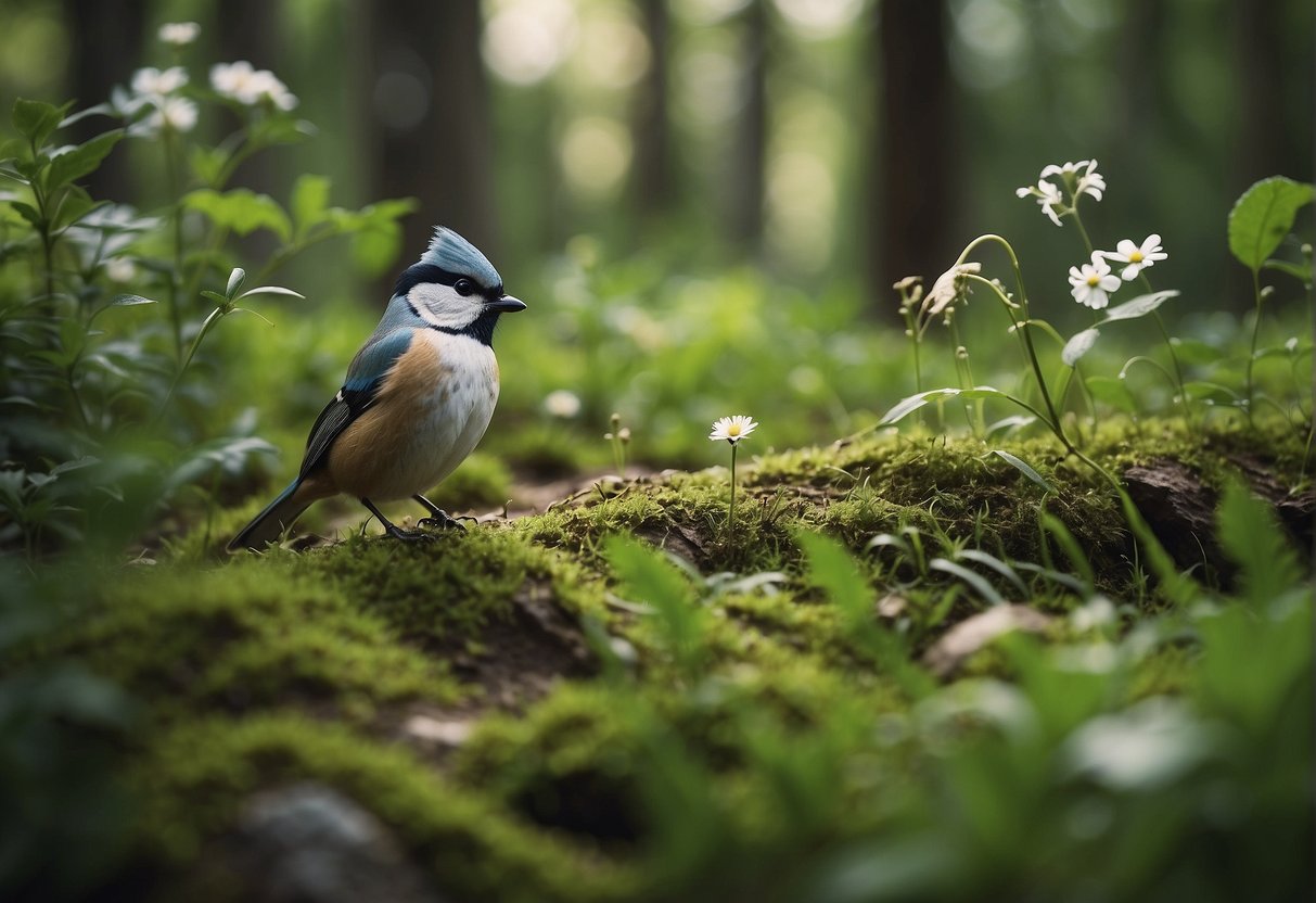 Local flora and fauna foraging in a lush, green forest clearing. Various plants and animals are visible, including flowers, trees, birds, and small mammals