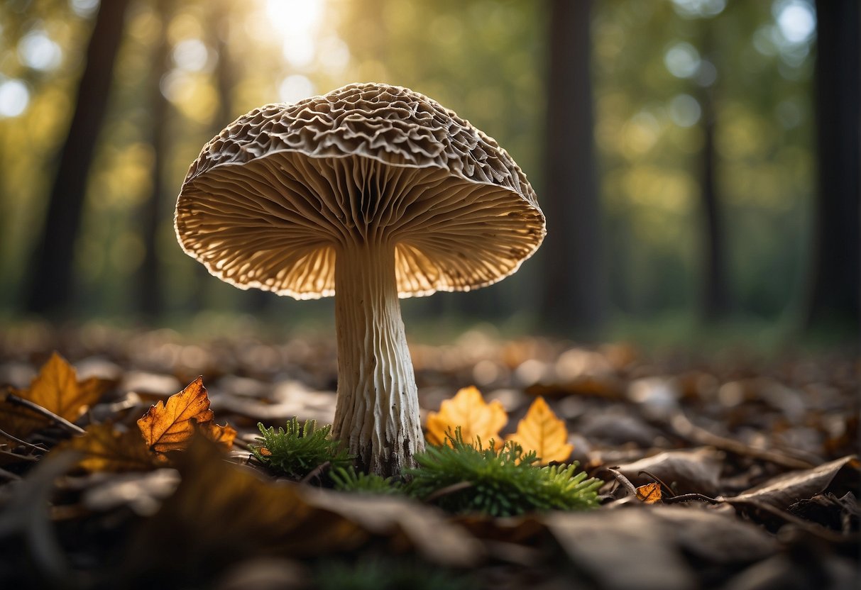 A true morel mushroom stands tall in a forest clearing, surrounded by fallen leaves and dappled sunlight filtering through the trees