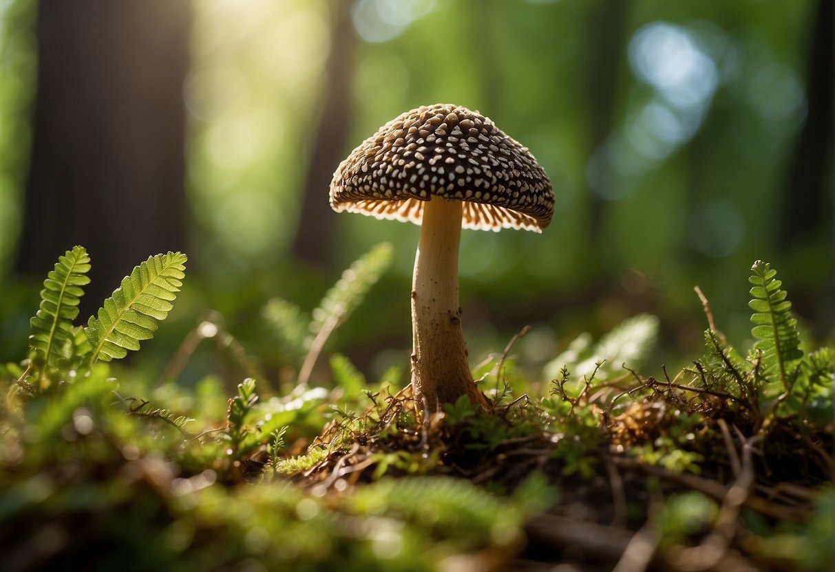 A true morel mushroom sprouts from the forest floor, surrounded by vibrant green foliage and dappled sunlight