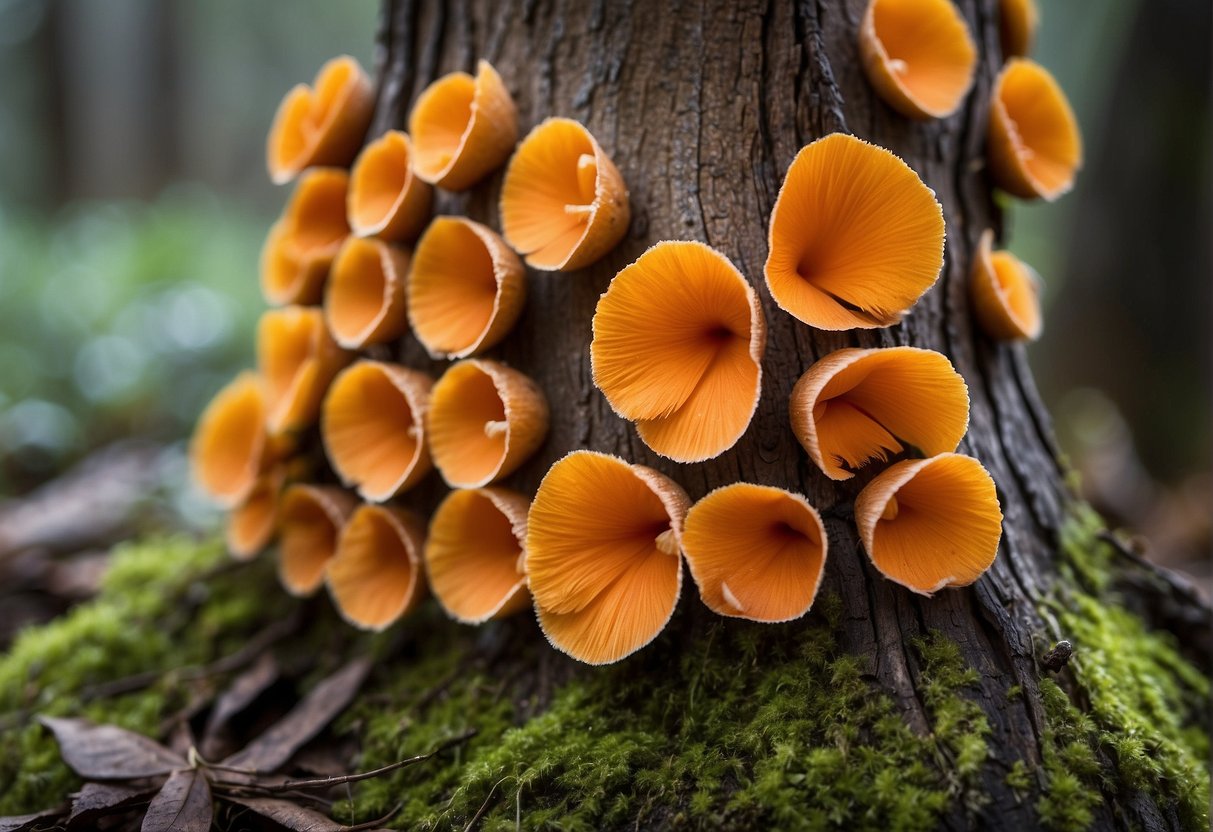 Vibrant orange fungi sprout from a decaying tree trunk, resembling a cluster of overlapping chicken feathers